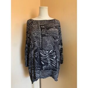 New Options by Kate Geddes Black White Abstract Tribal Print Rayon Tunic Top OS